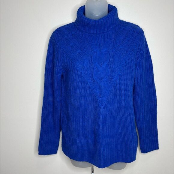 Lands End size XS Royal Blue Cable Knit Sweater turtleneck baumwolle blend - Picture 1 of 5